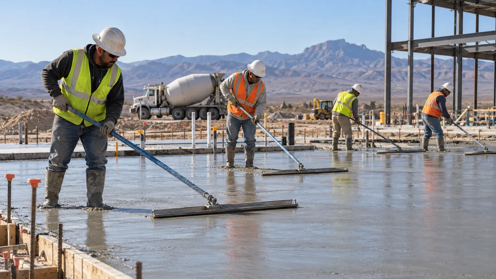 A concrete crew in hard hats and safety vests smoothing a freshly poured slab with long handled floats at a commercial job site