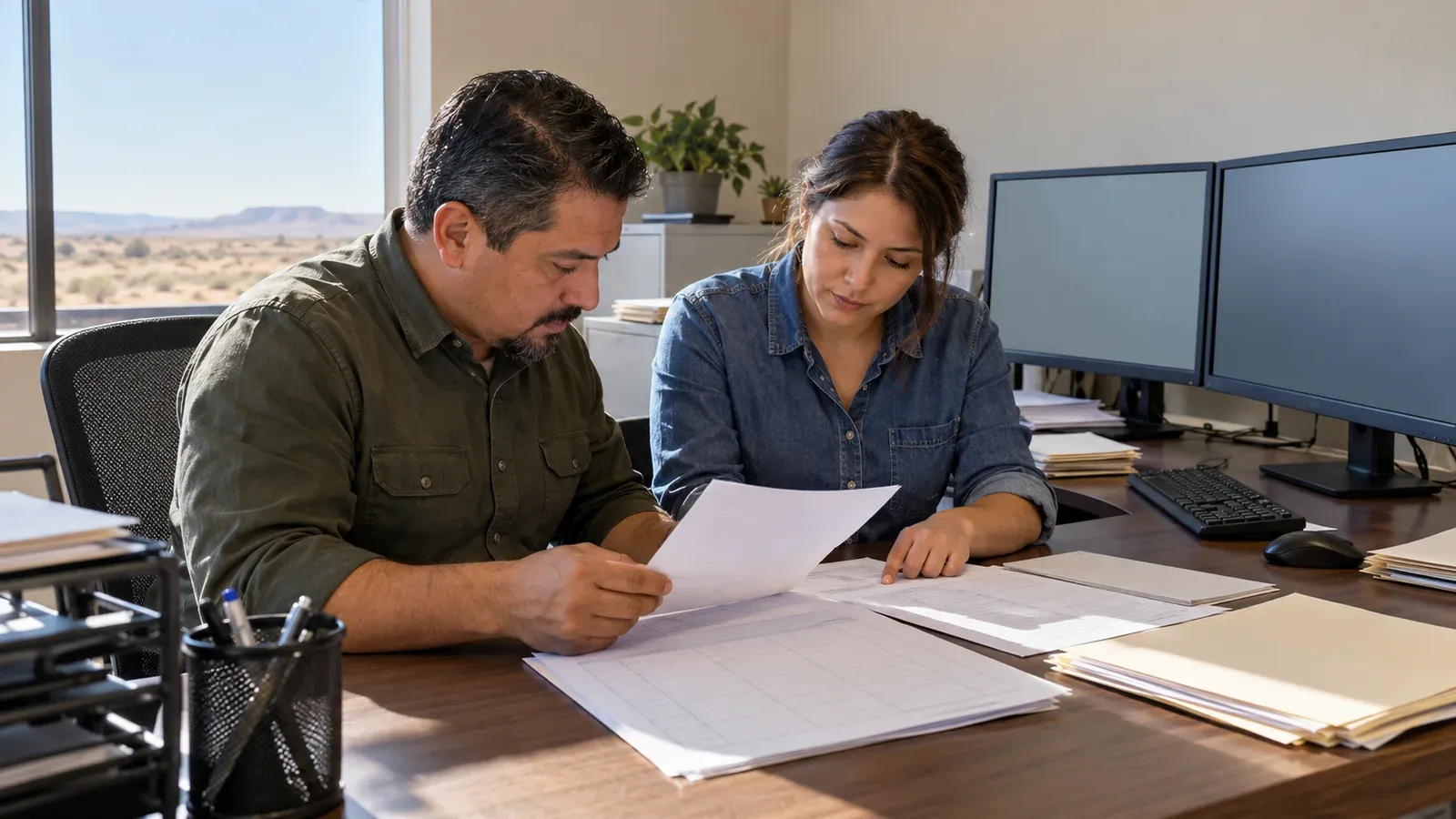 Two customs entry writers reviewing shipping papers and a commercial invoice at a shared desk with two monitors