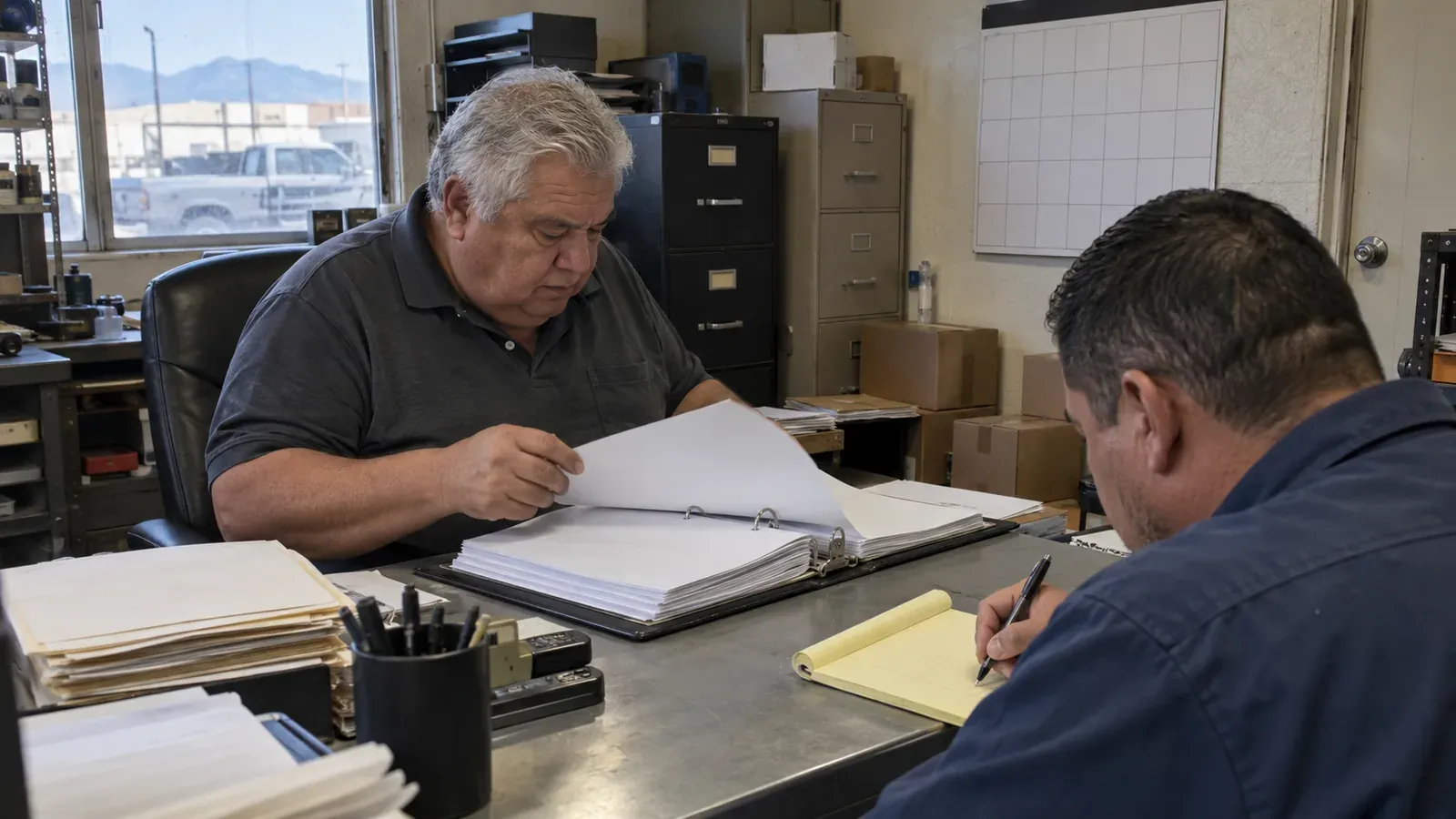 A gray haired shop owner flipping through a binder of invoices at a metal desk in a small back office while another man takes notes on a yellow legal pad