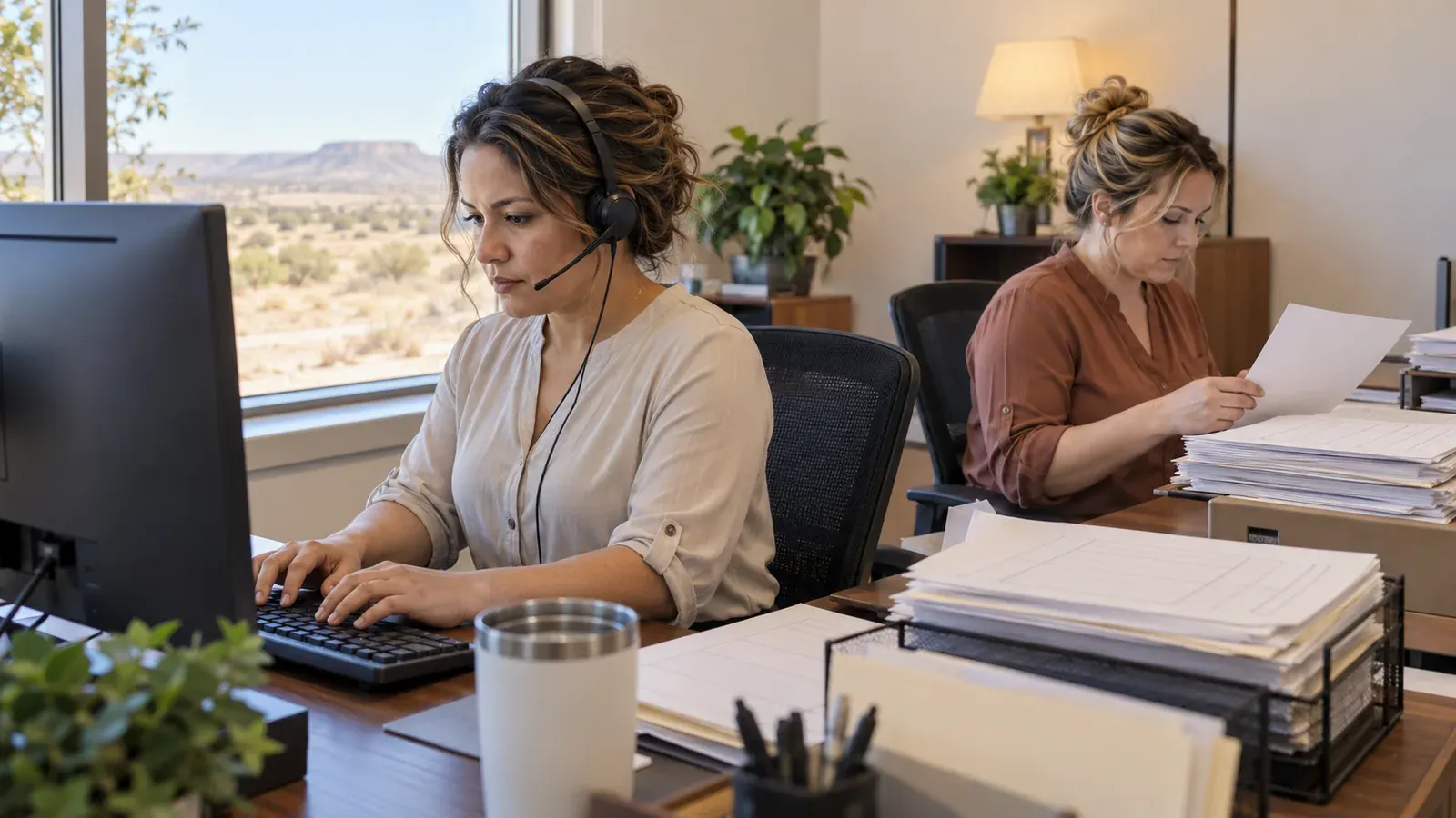 A woman in a headset types at a desk in a small office while a coworker beside her sorts a stack of insurance forms